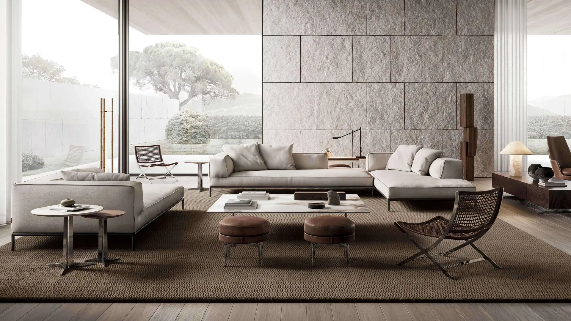 Modern living room with Flexform sofas, wooden coffee table, and large windows.