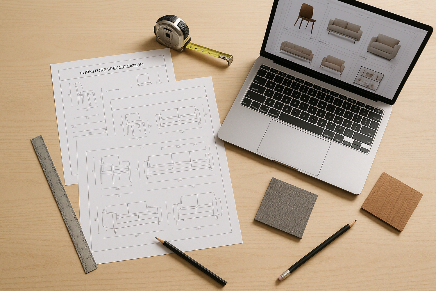 A square desktop scene with spec sheets, tape measure, and open laptop beside one or two product finish samples to signal process and accuracy. Context: the function of this image is to portray the work of a furniture retailer assisting an interior designer.