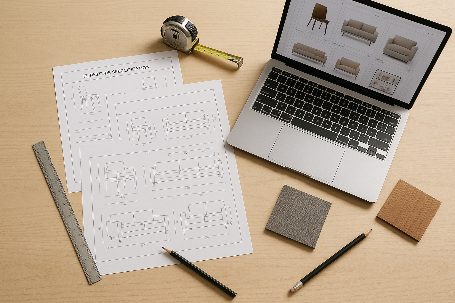 A square desktop scene with spec sheets, tape measure, and open laptop beside one or two product finish samples to signal process and accuracy. Context: the function of this image is to portray the work of a furniture retailer assisting an interior designer. 